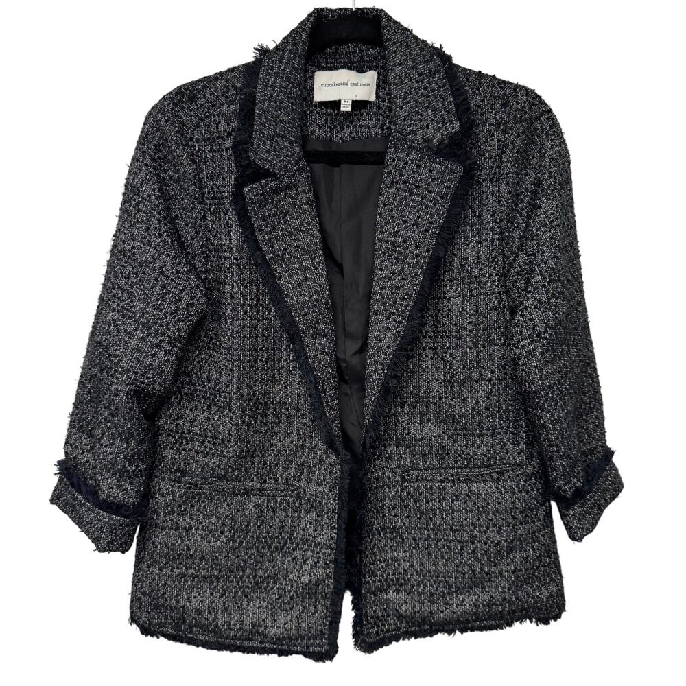 Cupcakes & Cashmere Gregory Tweed Fringe Open Front Blazer Size Medium Black